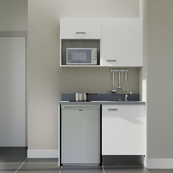 Kitchenette K07 - 120 cm - façades Blanc - Plan monobloc en quartz coloris Cromo évier à droite - Electroménager Inox