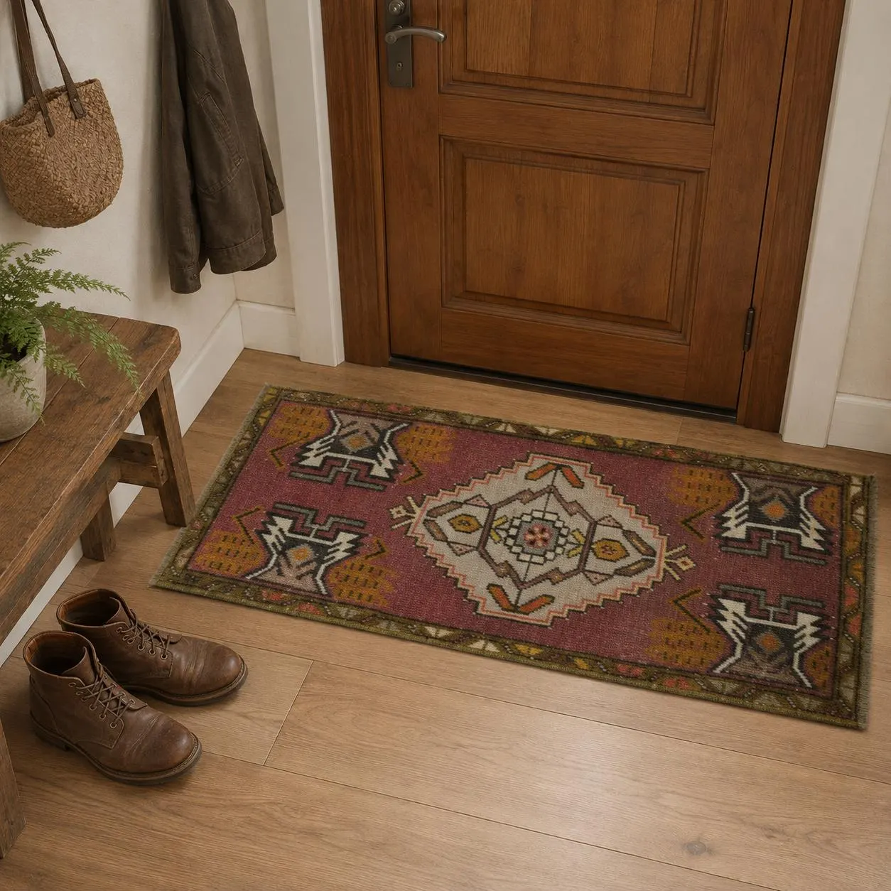 Dusty Rose Vintage Turkish Rug, 19x41 Anatolian Wool Mini Runner, Mustard Geometric Medallion Carpet, Eclectic Entryway Decor