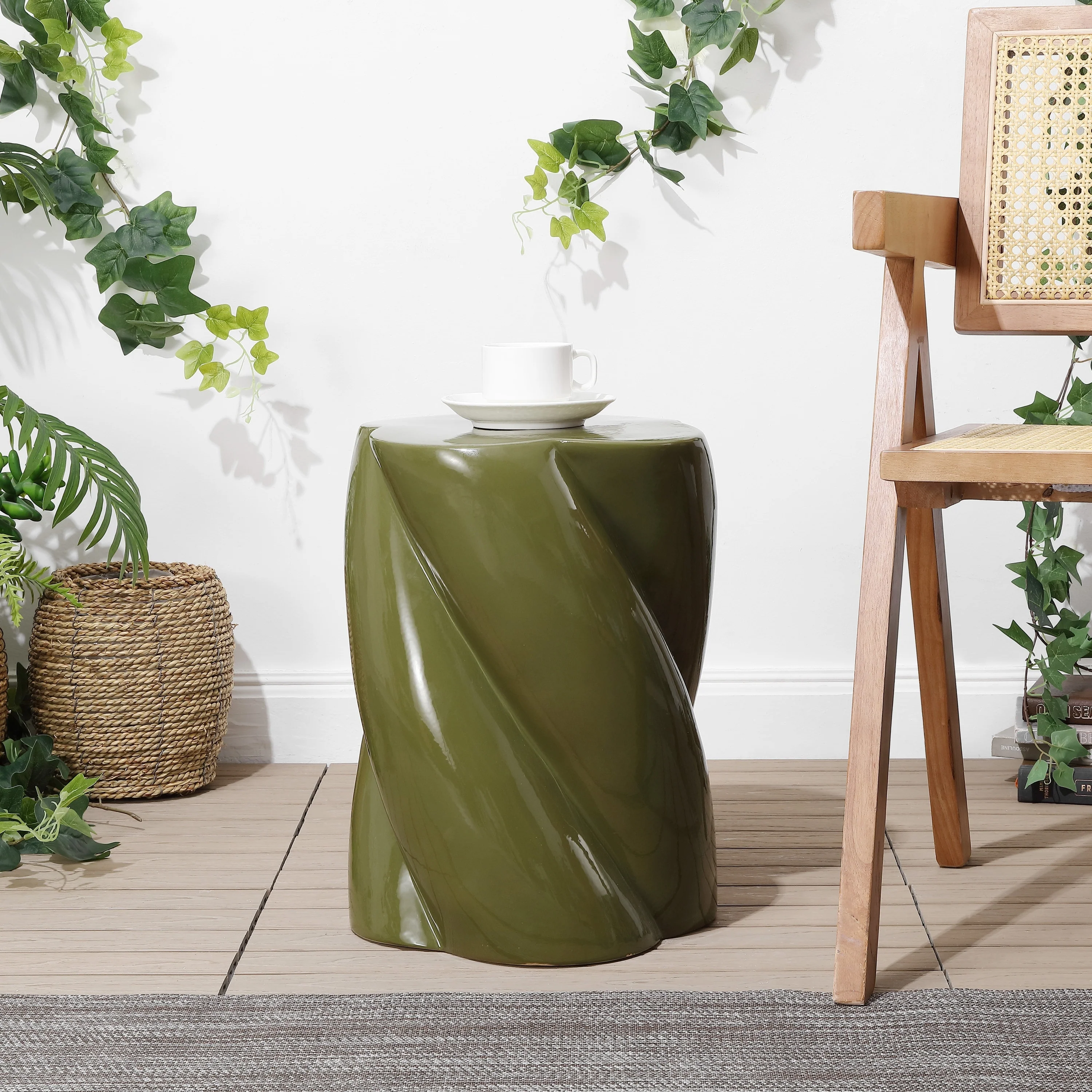 Yves 18 Modern Minimalist Rope Twist Ceramic Indoor/Outdoor Garden Stool, By JONATHAN Y