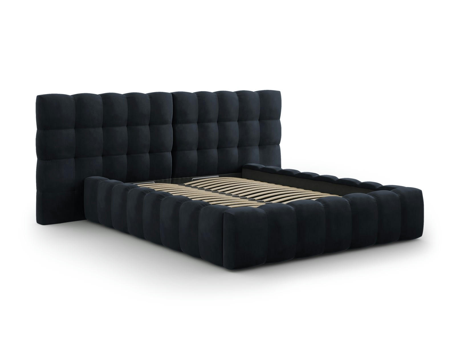 MAMAIA - Lit coffre en avec tête de lit double 160x200cm velours bleu foncé