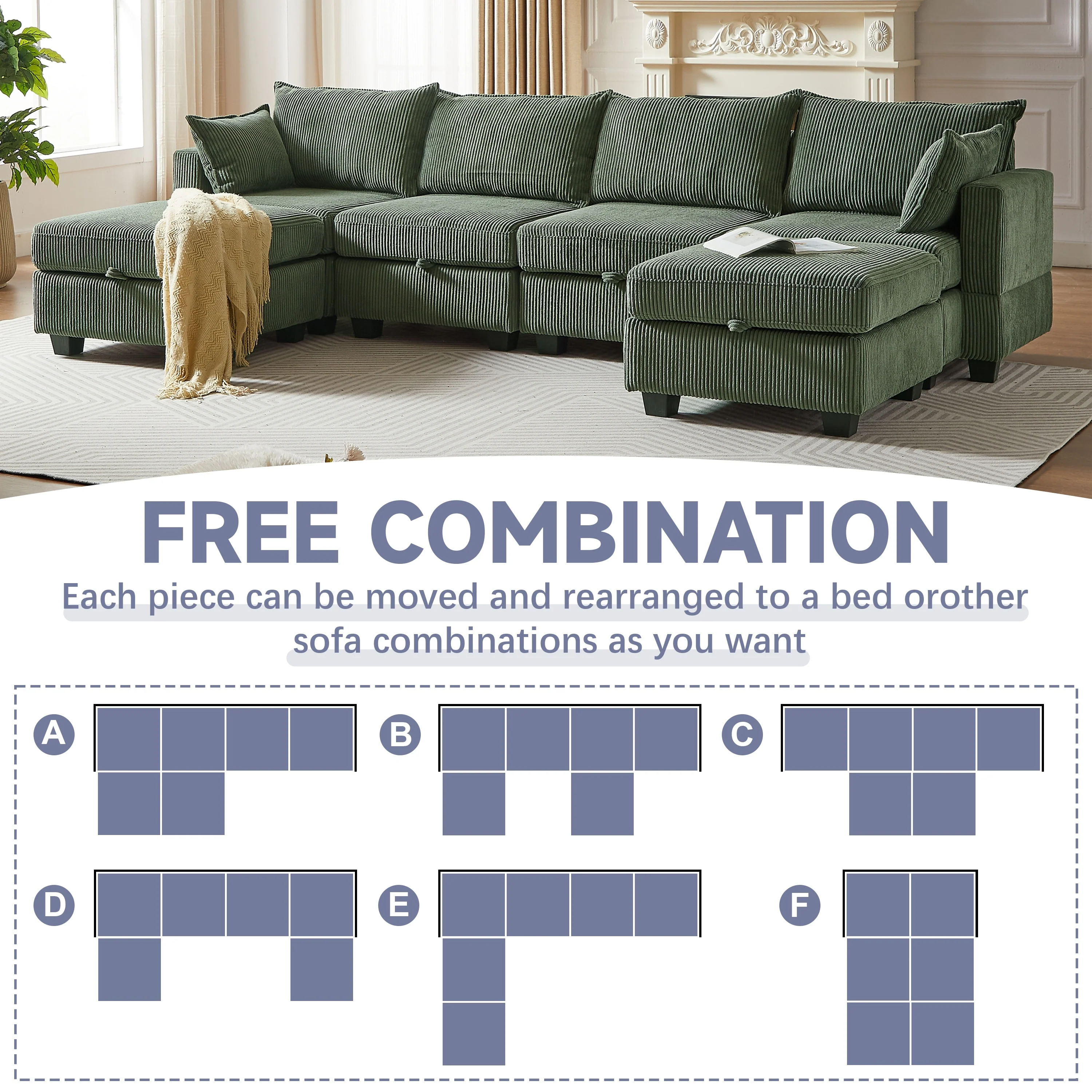 Green 6-Piece Convertible Corduroy Modular Sectional Sofa with Storage Seats, 2 Removable Ottomans, Free Combination
