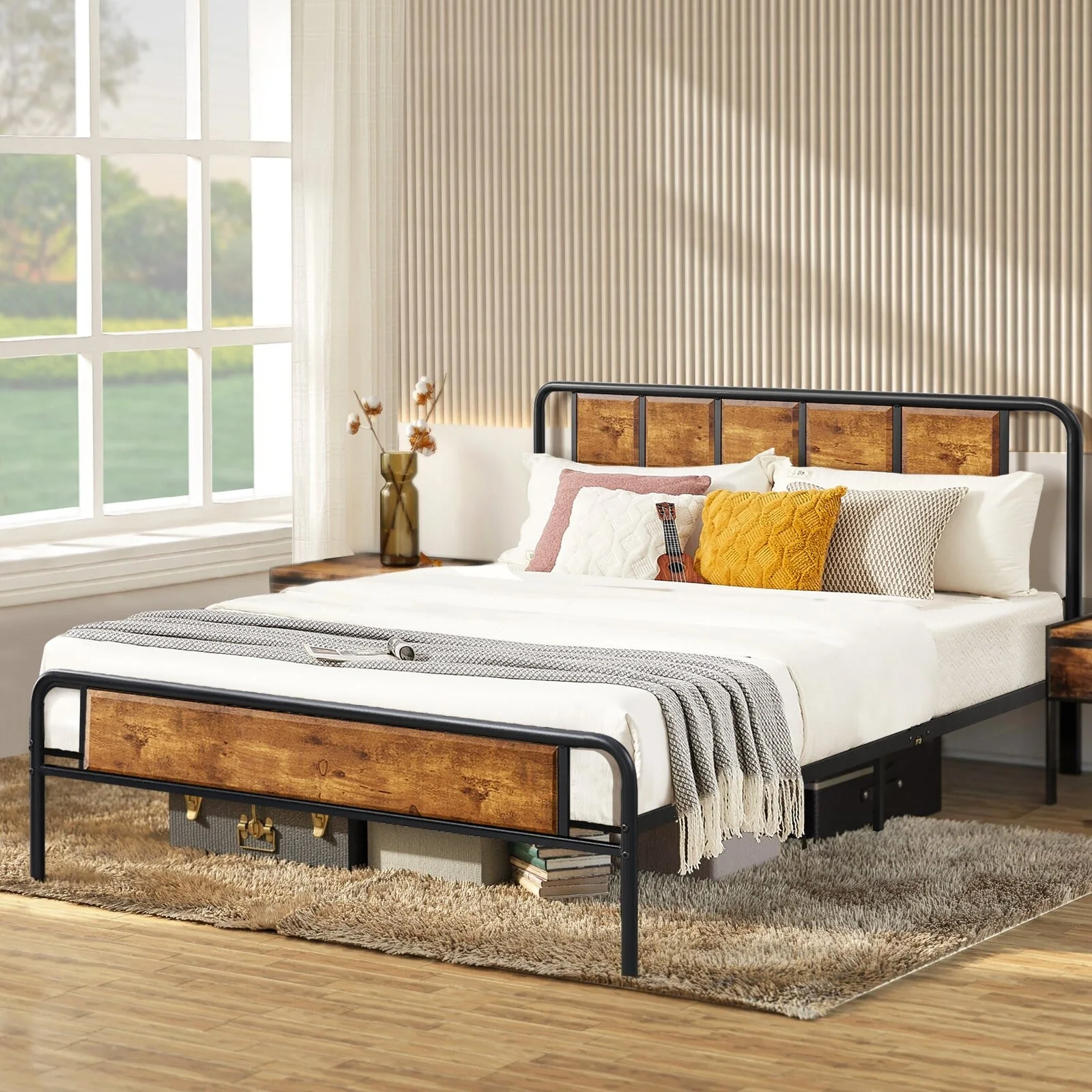 Bed Frame with Headboard, Heavy-Duty Platform with Metal Slats Support, No Box Spring Needed/Easy Assembly, Brown
