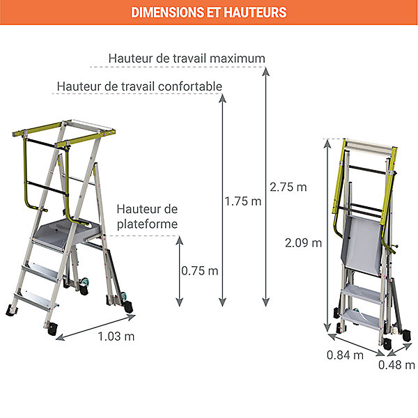 Escabeau 3 marches - Hauteur max. de travail 2.75m - PAM3