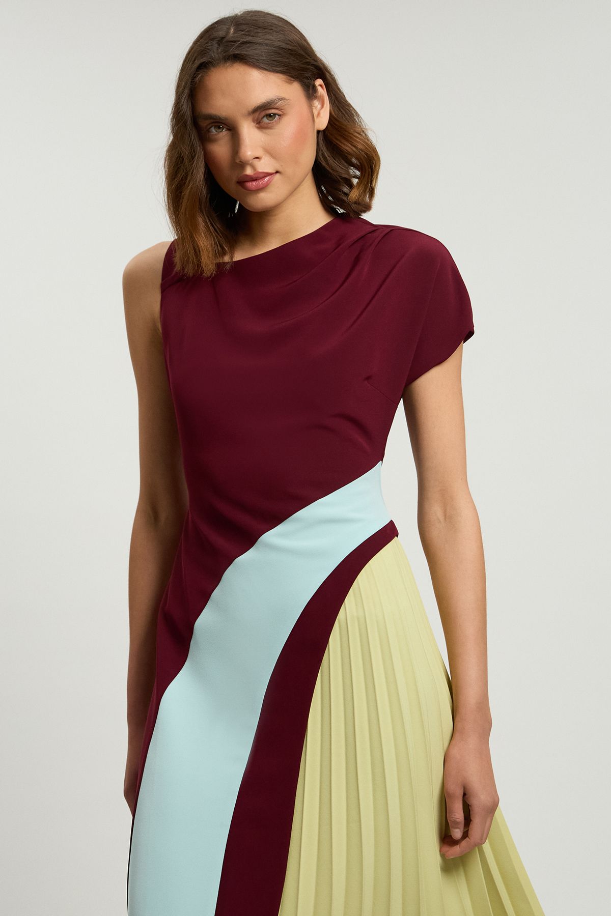 KarenMillen Soft Tailored Colour Block High Neck Pleated Midi Dress