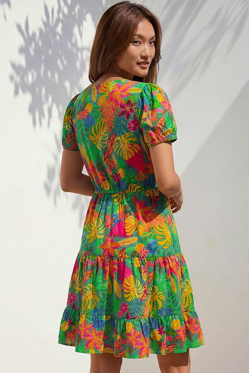 Roman Tropical Print V-Neck Ruched Dress