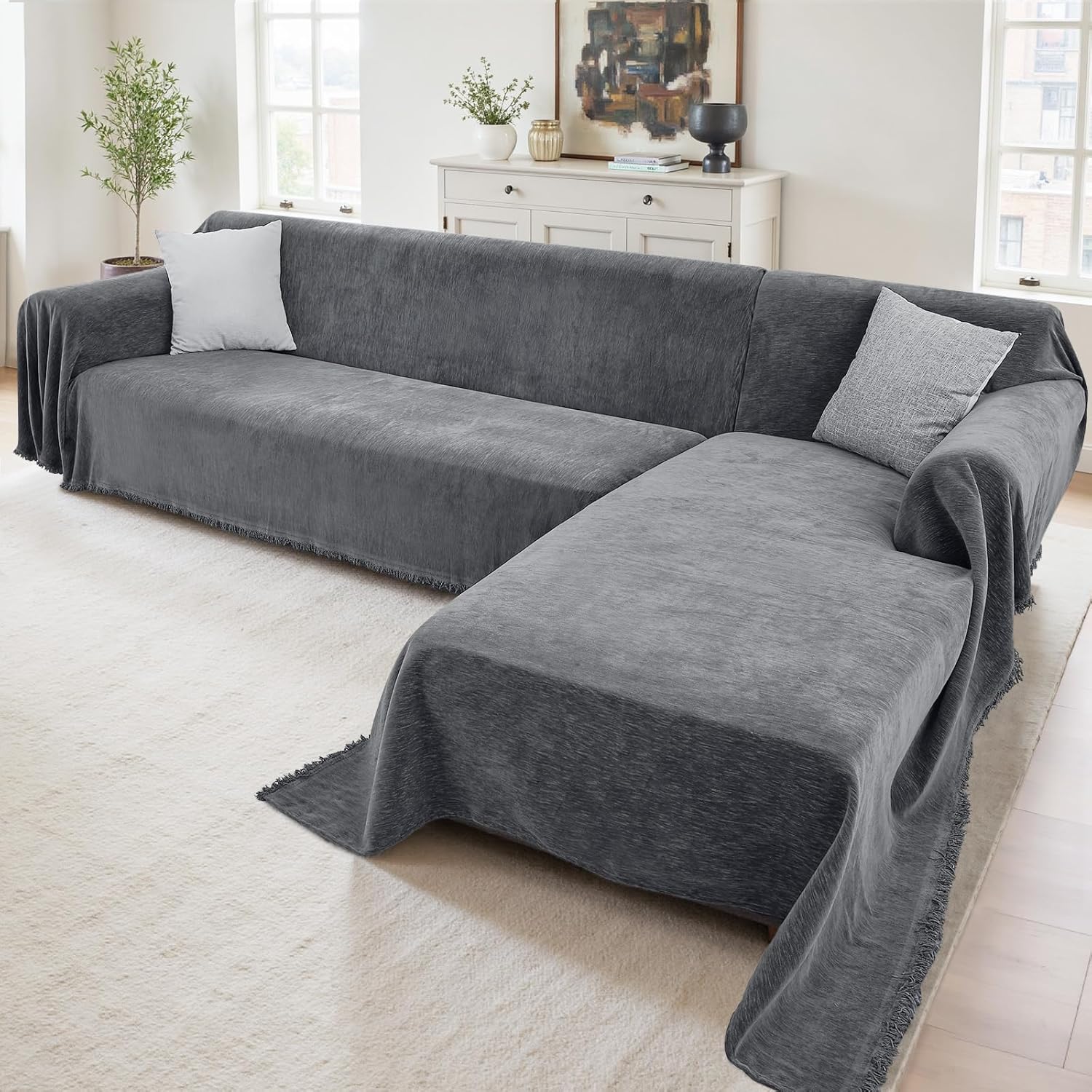 Sectional Couch Covers, 2 Pieces Washable L Shaped Couch Covers Sofa Blanket for Dogs Pet Friendly Sectional Sofa Slipcovers Furniture Covers,71x 118+ 71x 118,(XX-Large,Dark Gray)