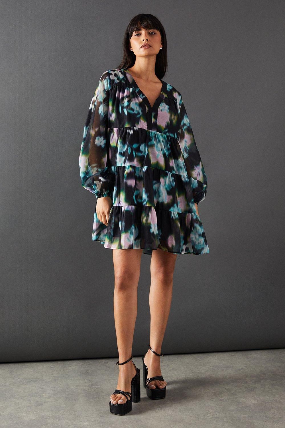 Warehouse Floral Print Organza Smock Dress