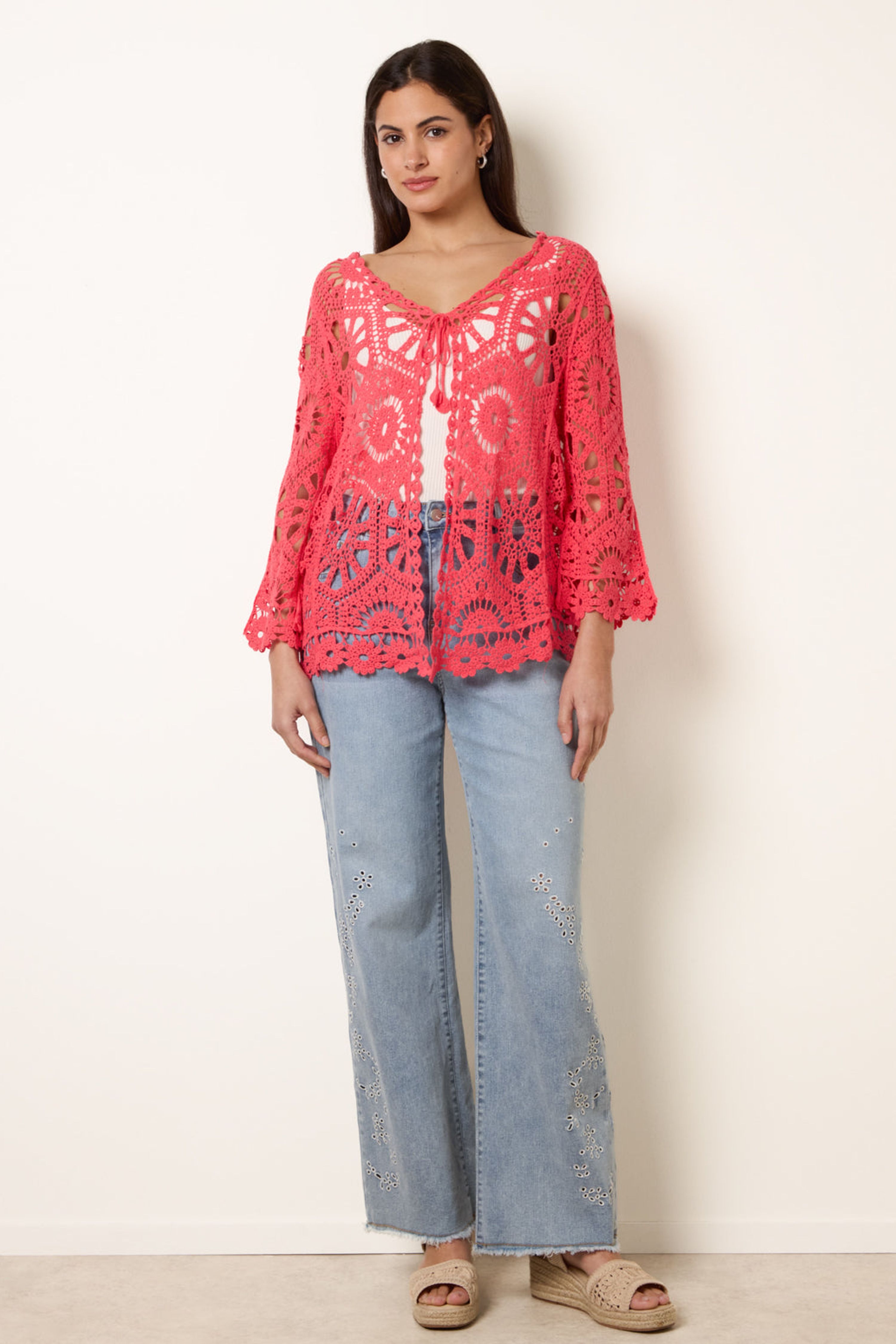 Blue Vanilla Coral Long-Sleeved Crochet Cardigan