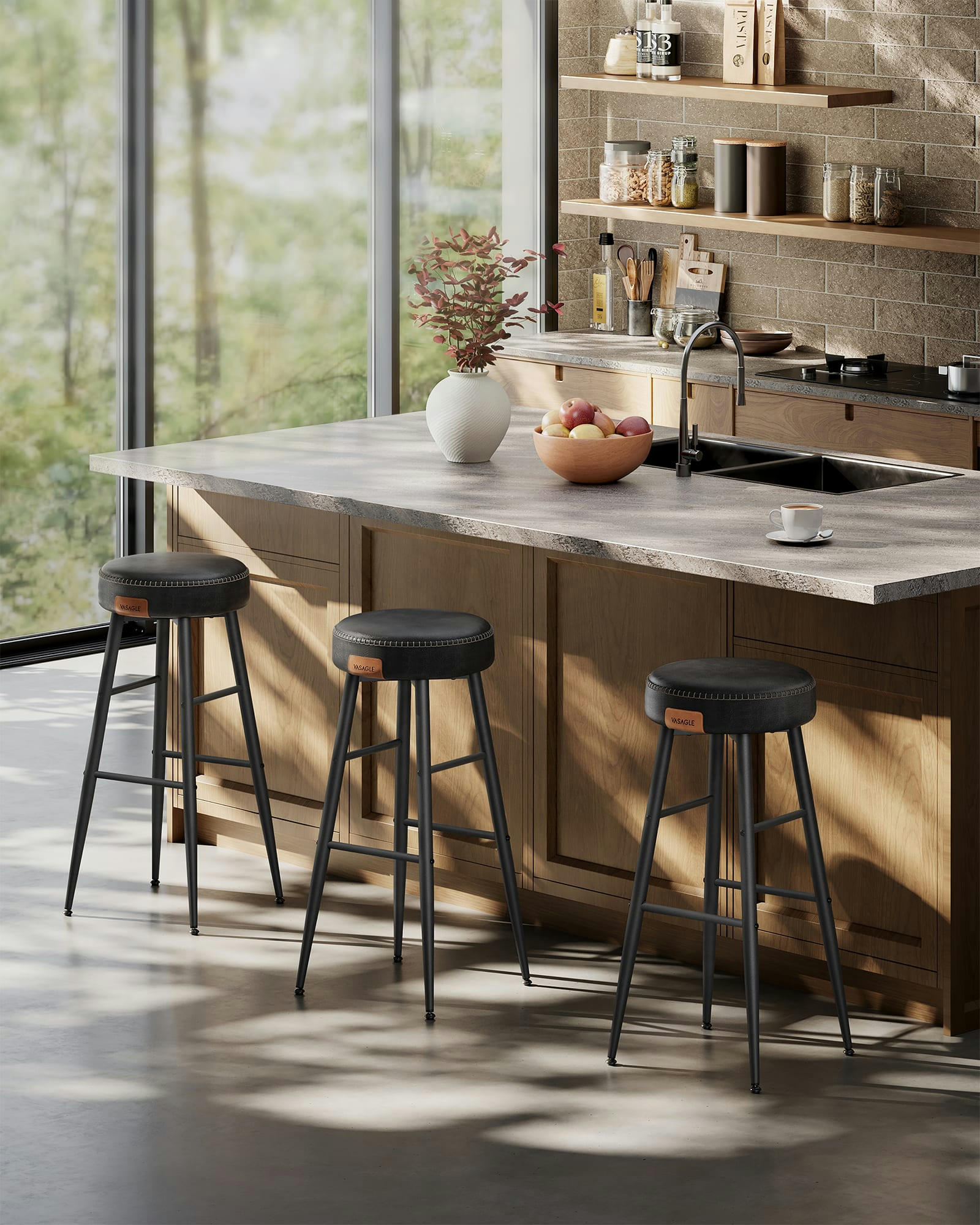 - Tabourets de bar en acier et PU avec coutures noir d'encre