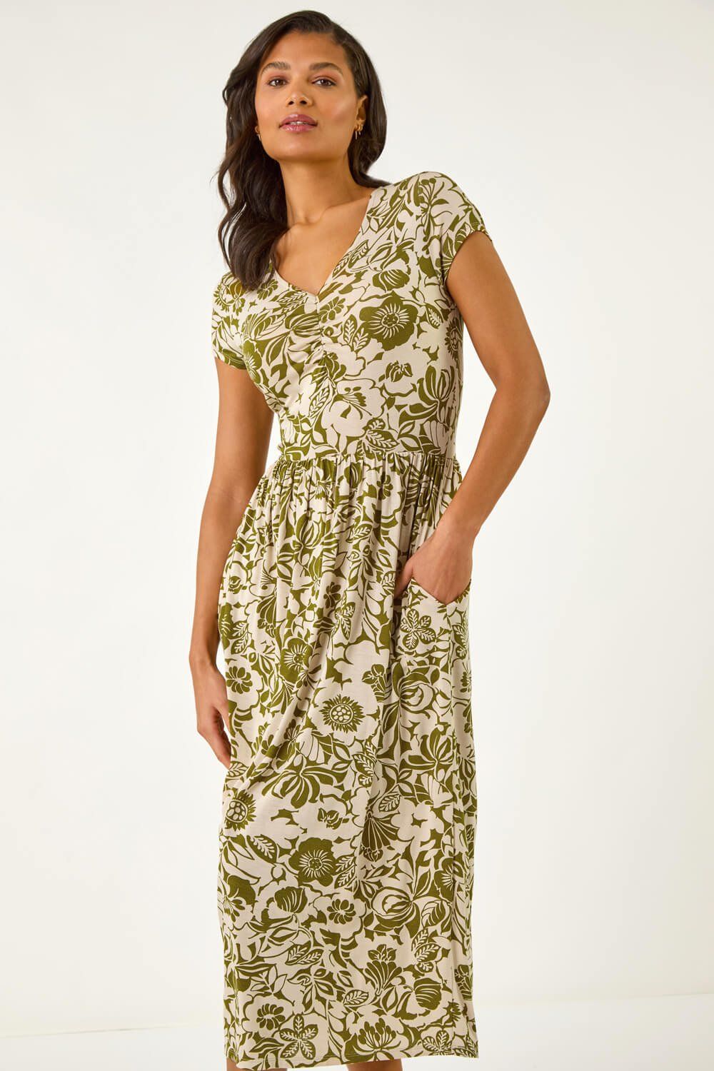 Roman Floral Print Ruched Stretch Midi Dress