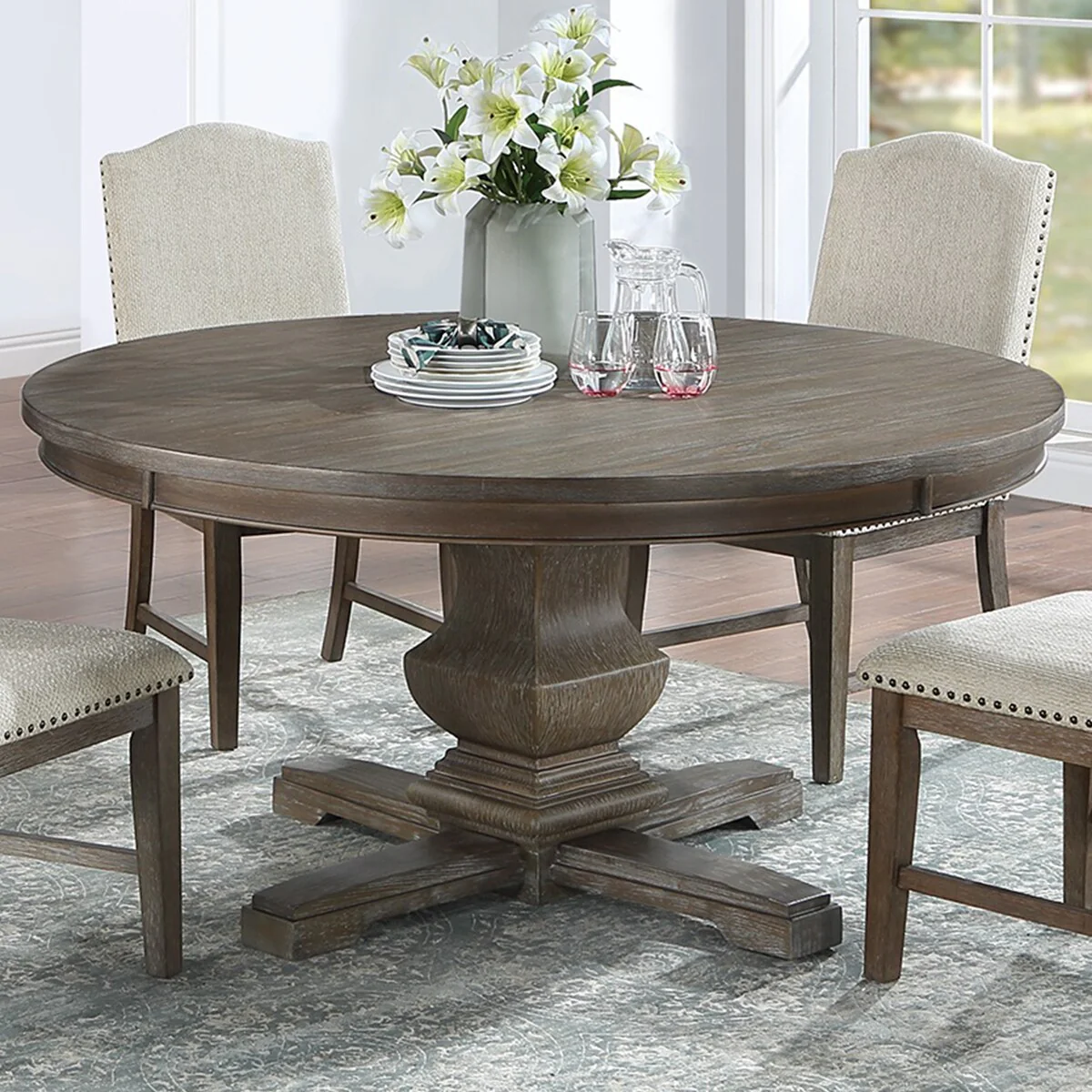 60-inch Round Wooden Dining Table with Pedestal Base in Oak