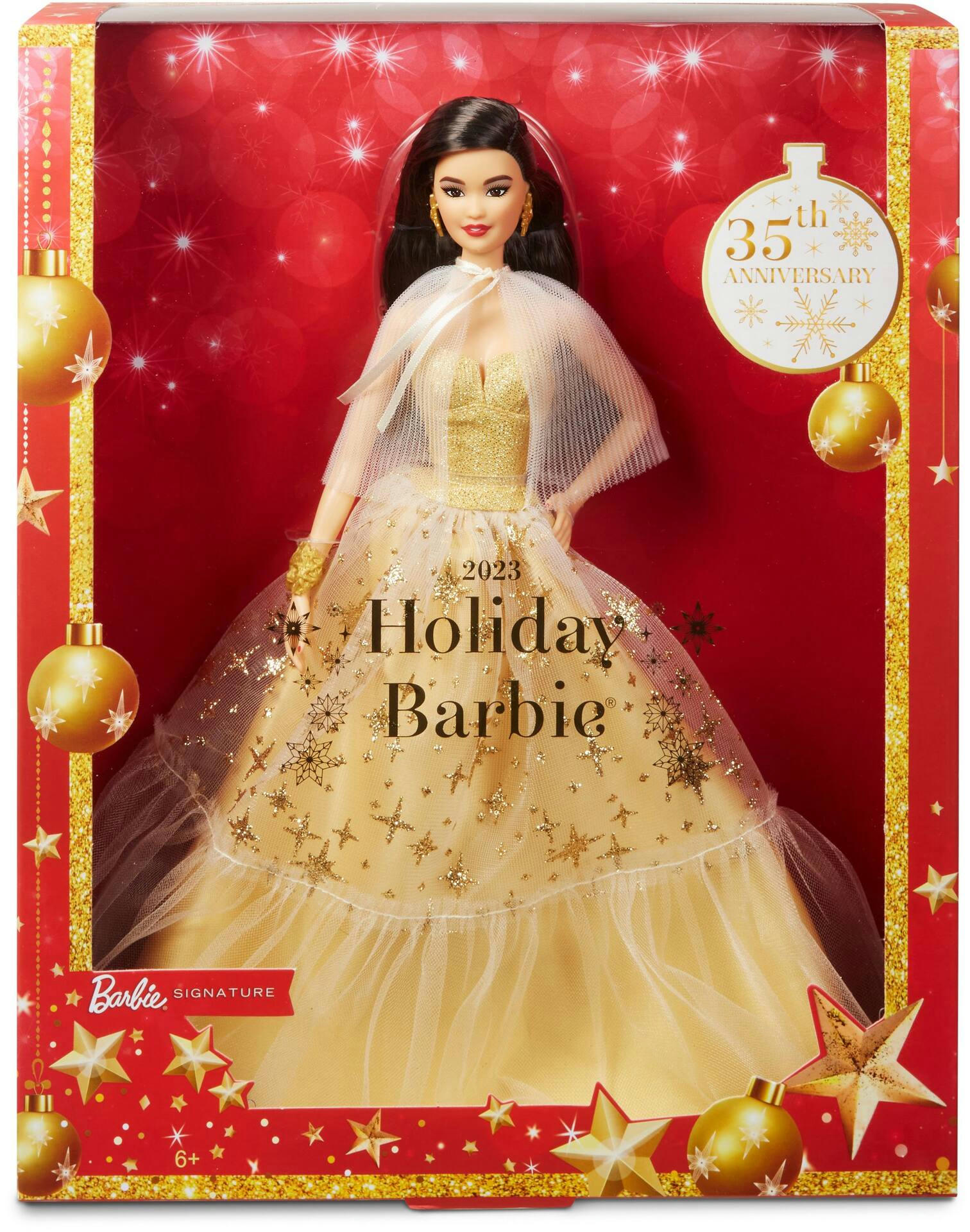 Barbie® 2023 Holiday Doll, Golden Gown & Black Hair