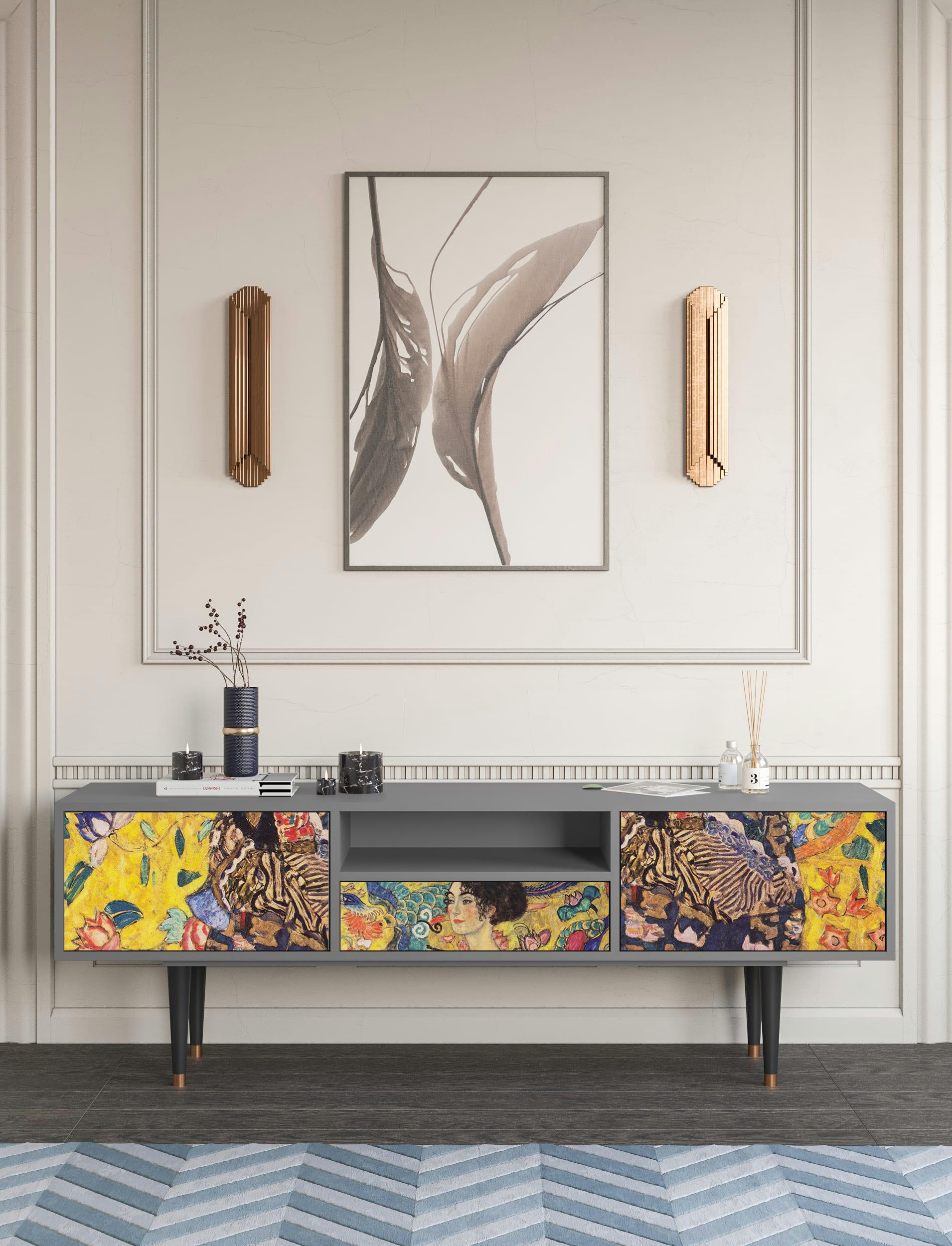 LADY WITH FAN BY GUSTAV KLIMT - Meuble TV  jaune 1 tiroir et 2 portes L 170 cm