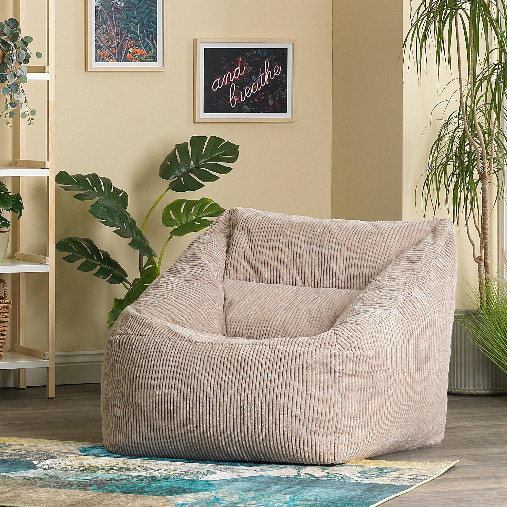 MORGAN - Pouf fauteuil velours côtelé beige galet