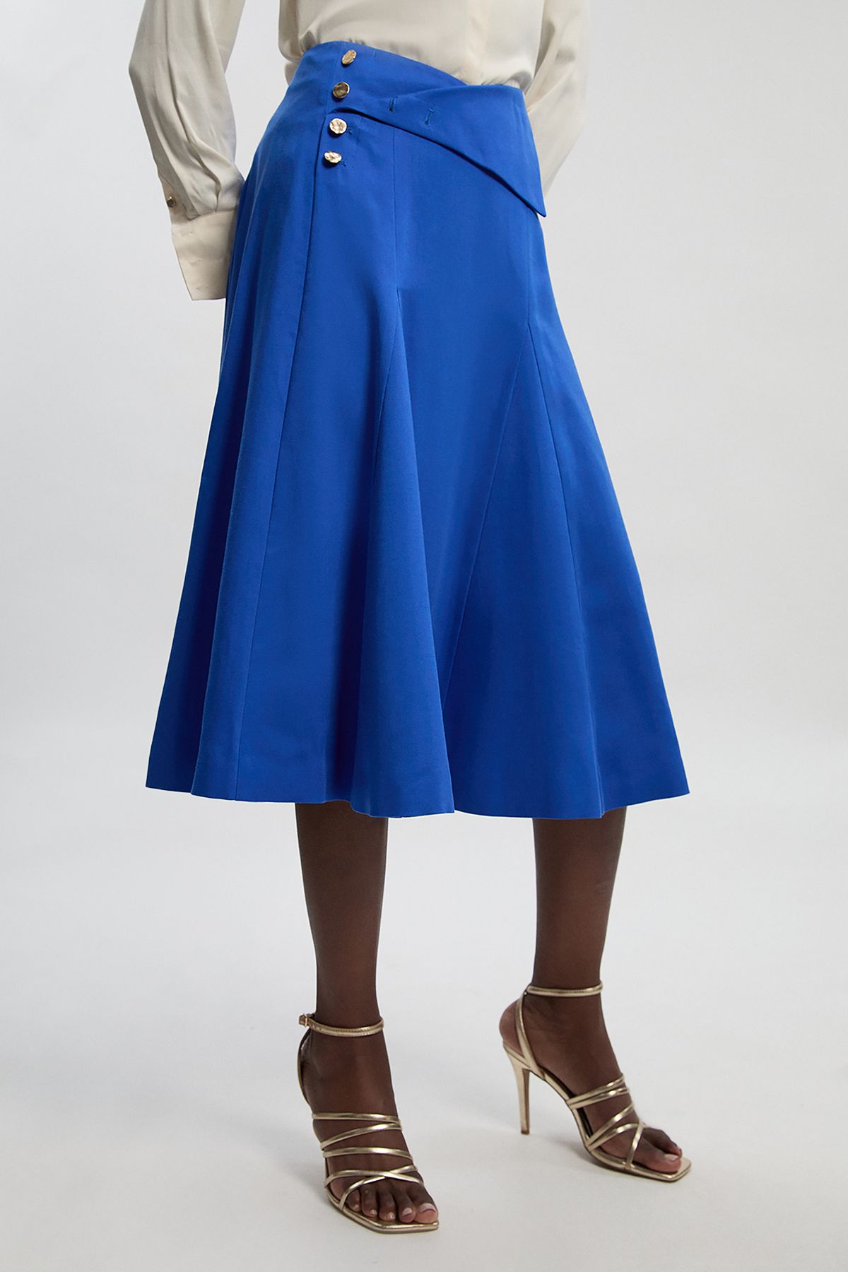 KarenMillen Tailored Linen Button Front Full Midi Skirt