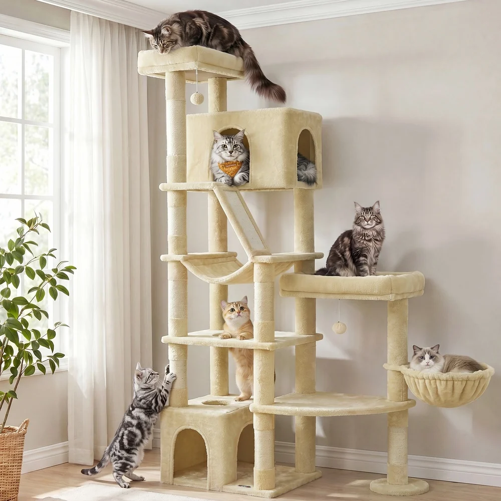Arbre à chat multi-niveaux avec un griffoir et sept poteaux en sisal
