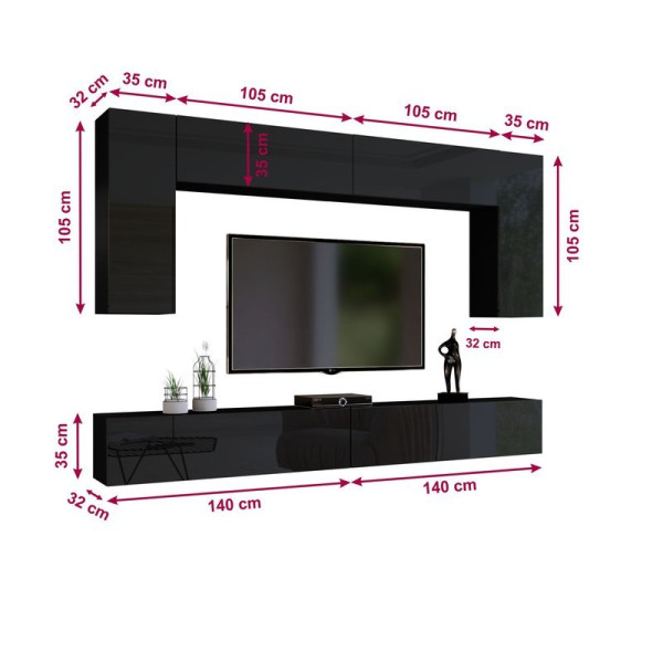Zestaw mebli salonowych 280 cm PREMIUM czarny połysk