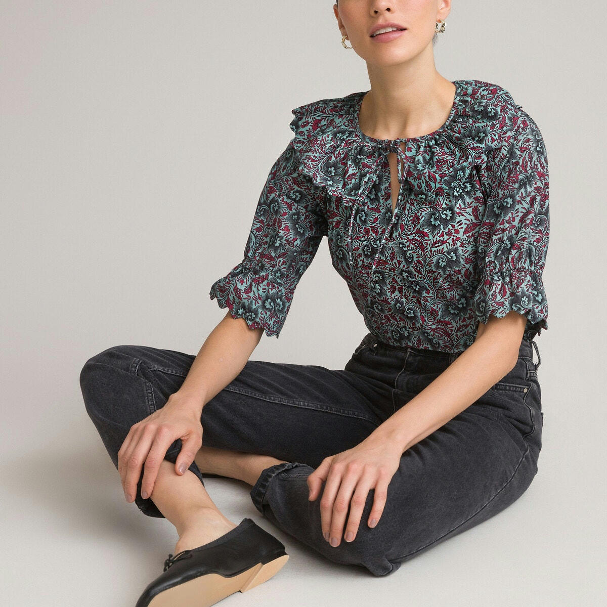 Blouse imprimée col Claudine, popeline coton