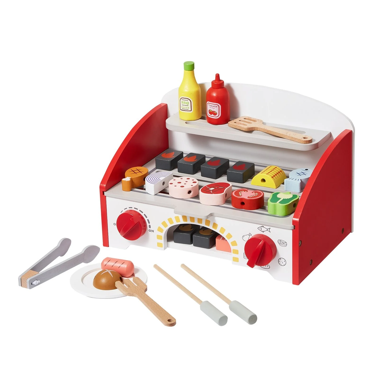 Red White Wooden BBQ Grill Toy with 26 PCS and Twist Sound Play - 11.42” L x 8.27” W x 7.68” H