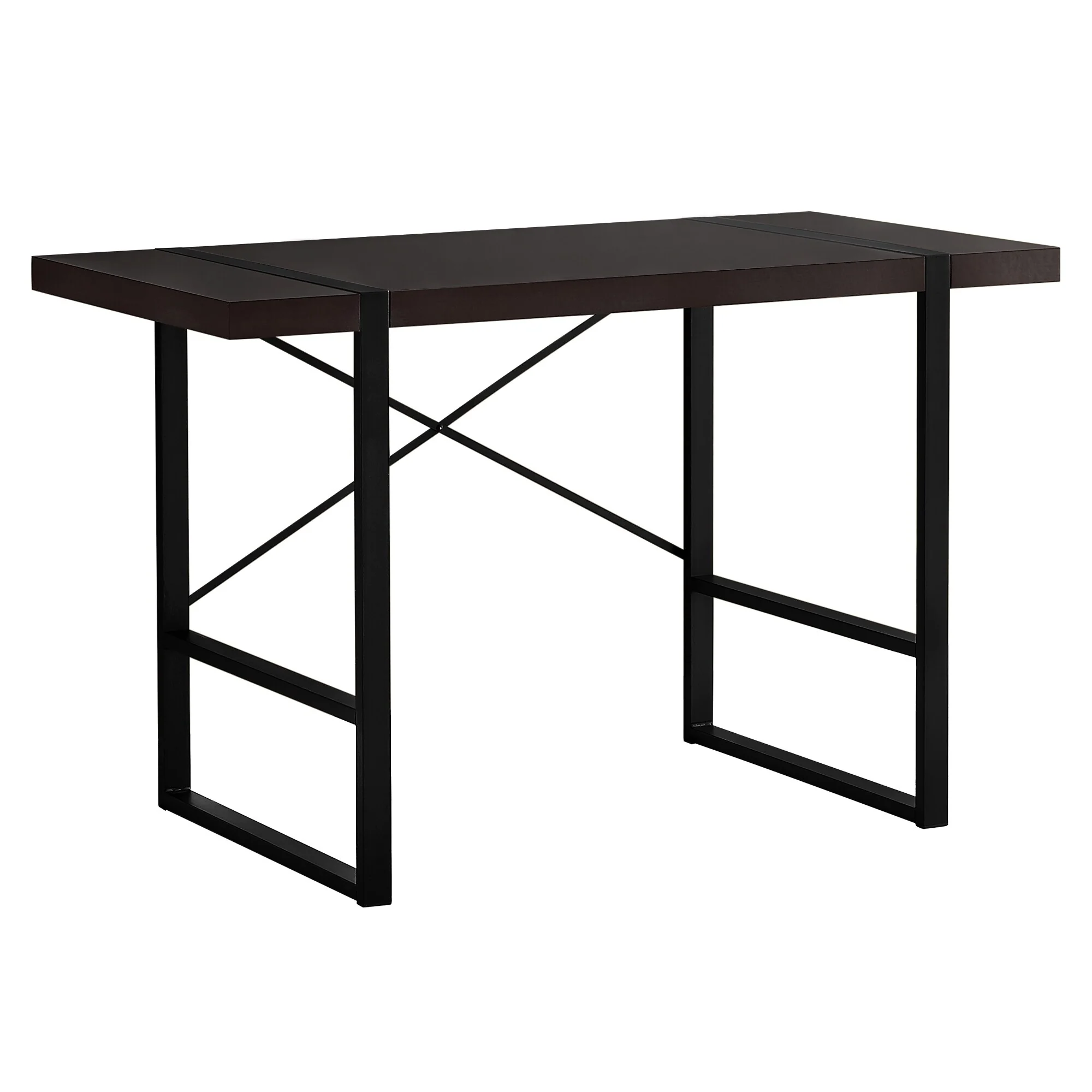 Wood Veneer Computer Desk with Black Metal Base and Rectangular Shape
