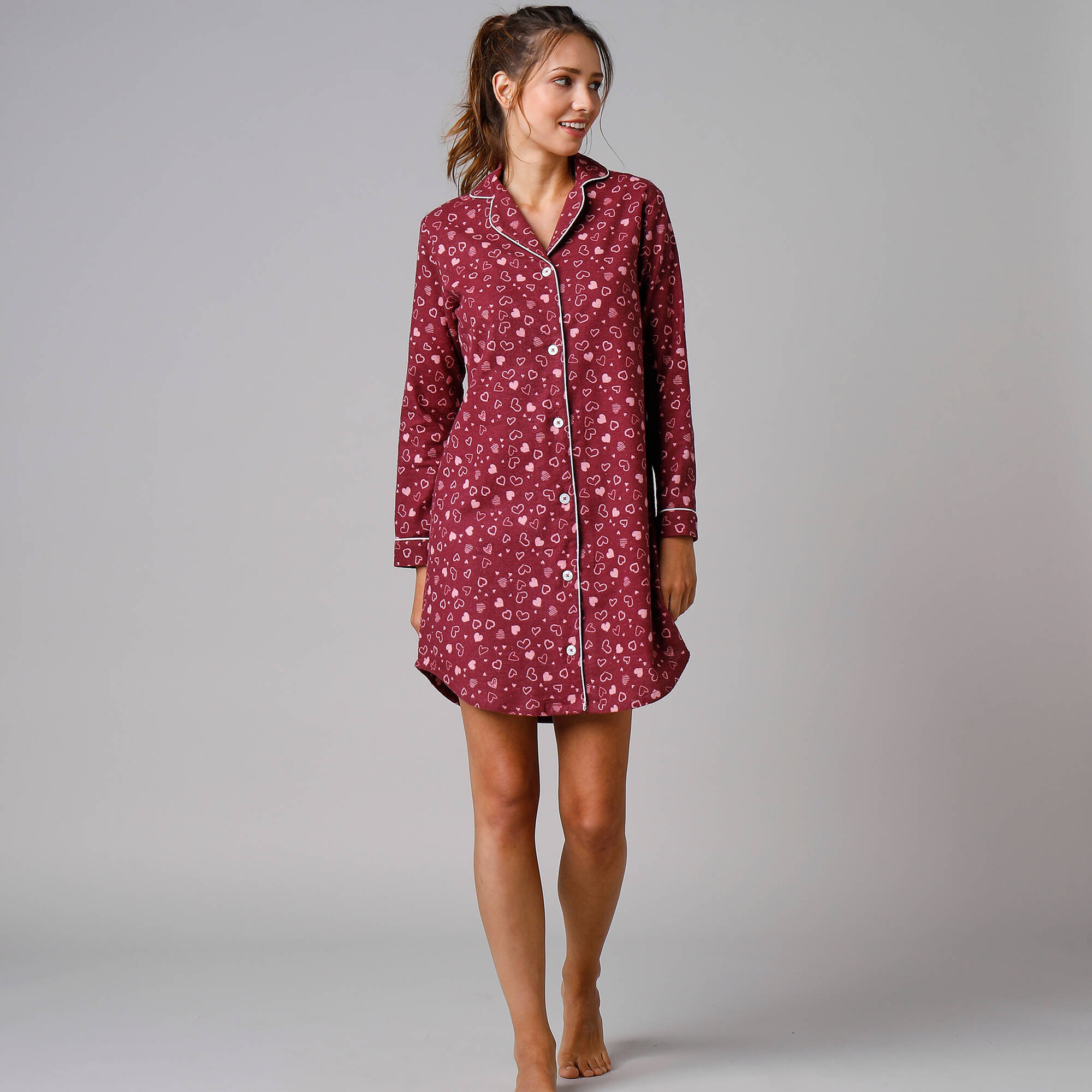 Chemise de nuit en pilou forme liquette imprimé coeur