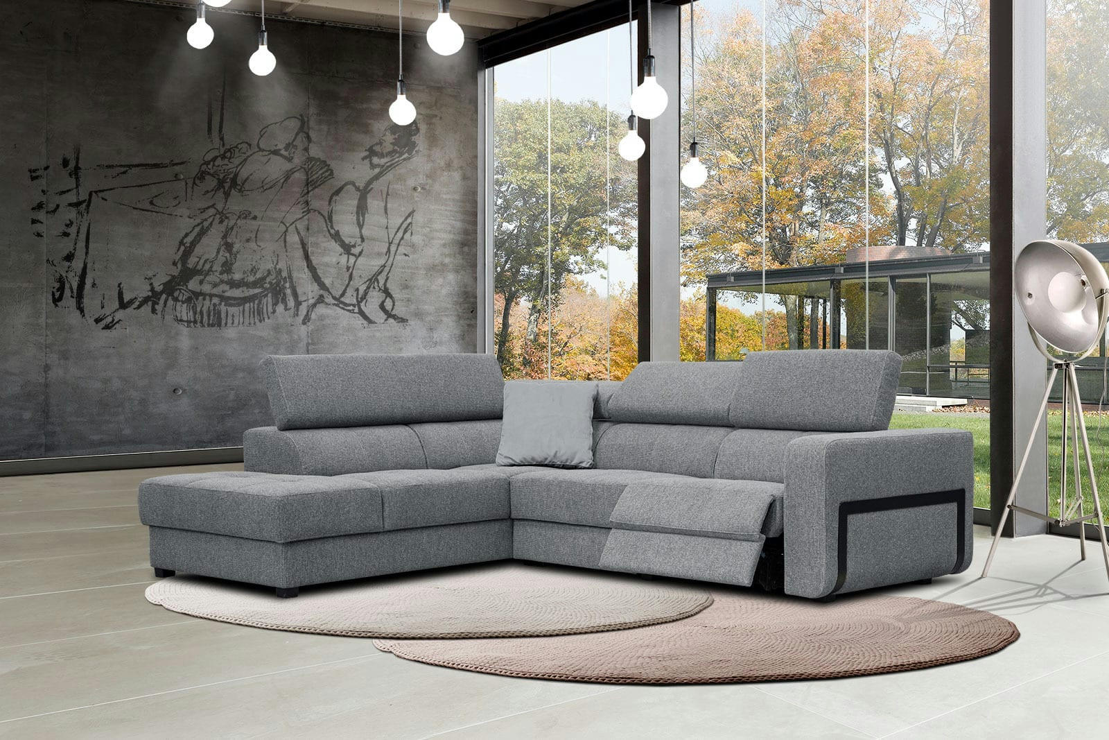 BERGO - Canapé d'angle gauche 5 places avec une relax électrique tissu gris