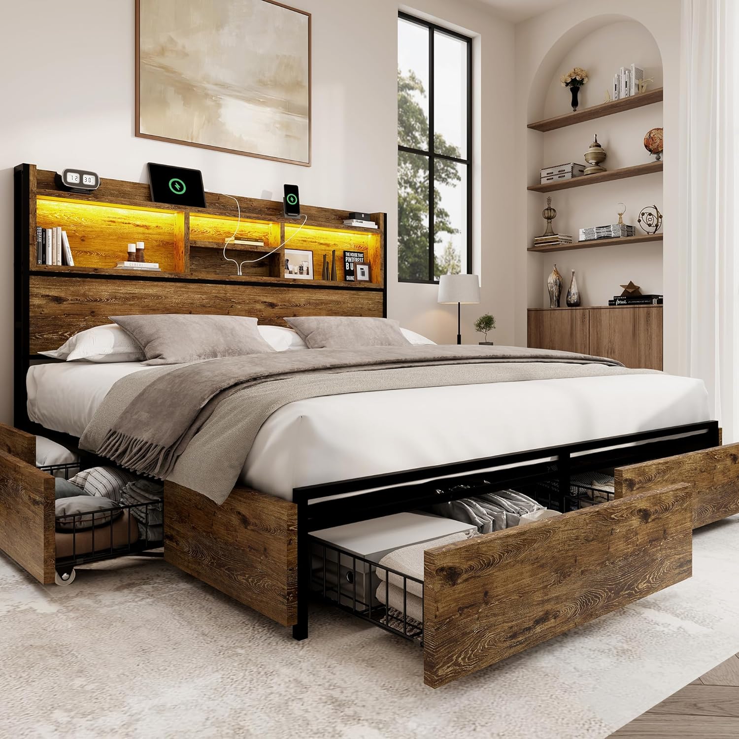 King Storage Bed Frame with 6 Drawers, USB Charging Station, No Noise, No Box Spring Required, Vintage Brown Headboard Platform Bed