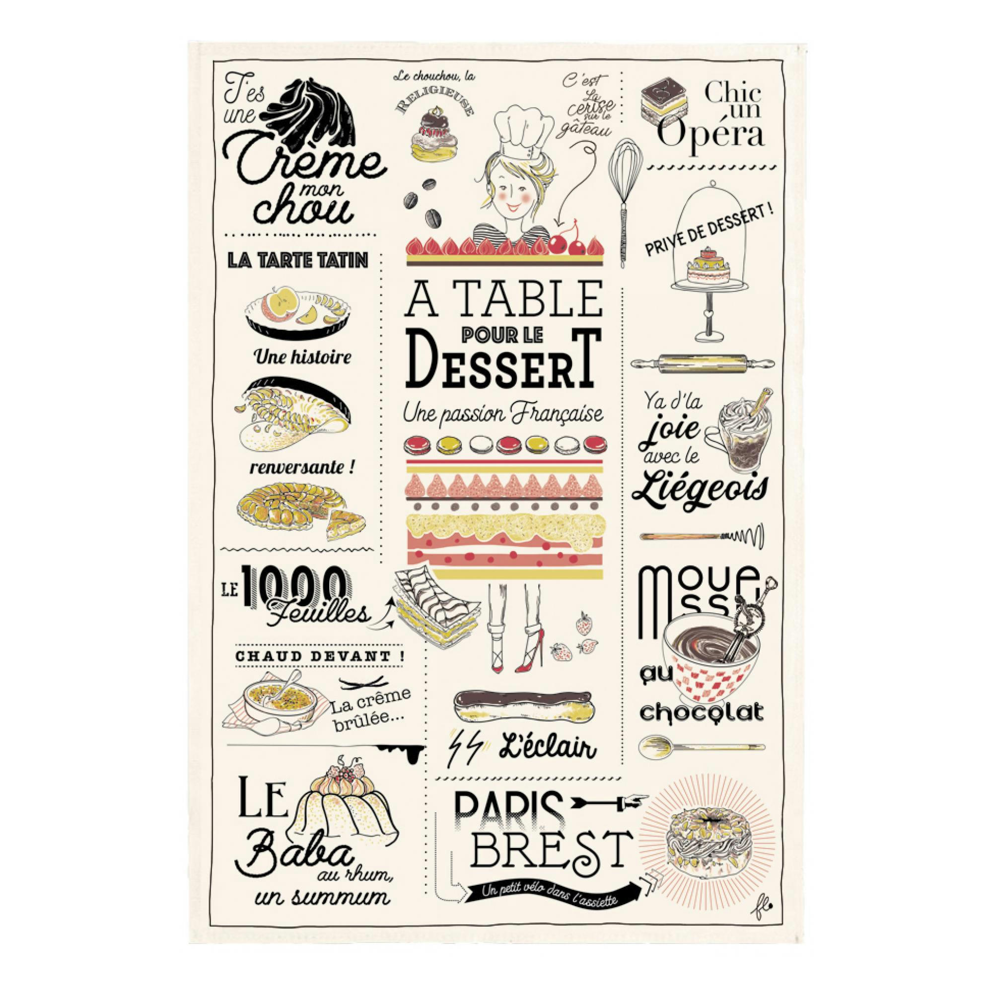GASTRONOMIE ET VIN - Torchon les desserts français en coton ecru 48 x 72
