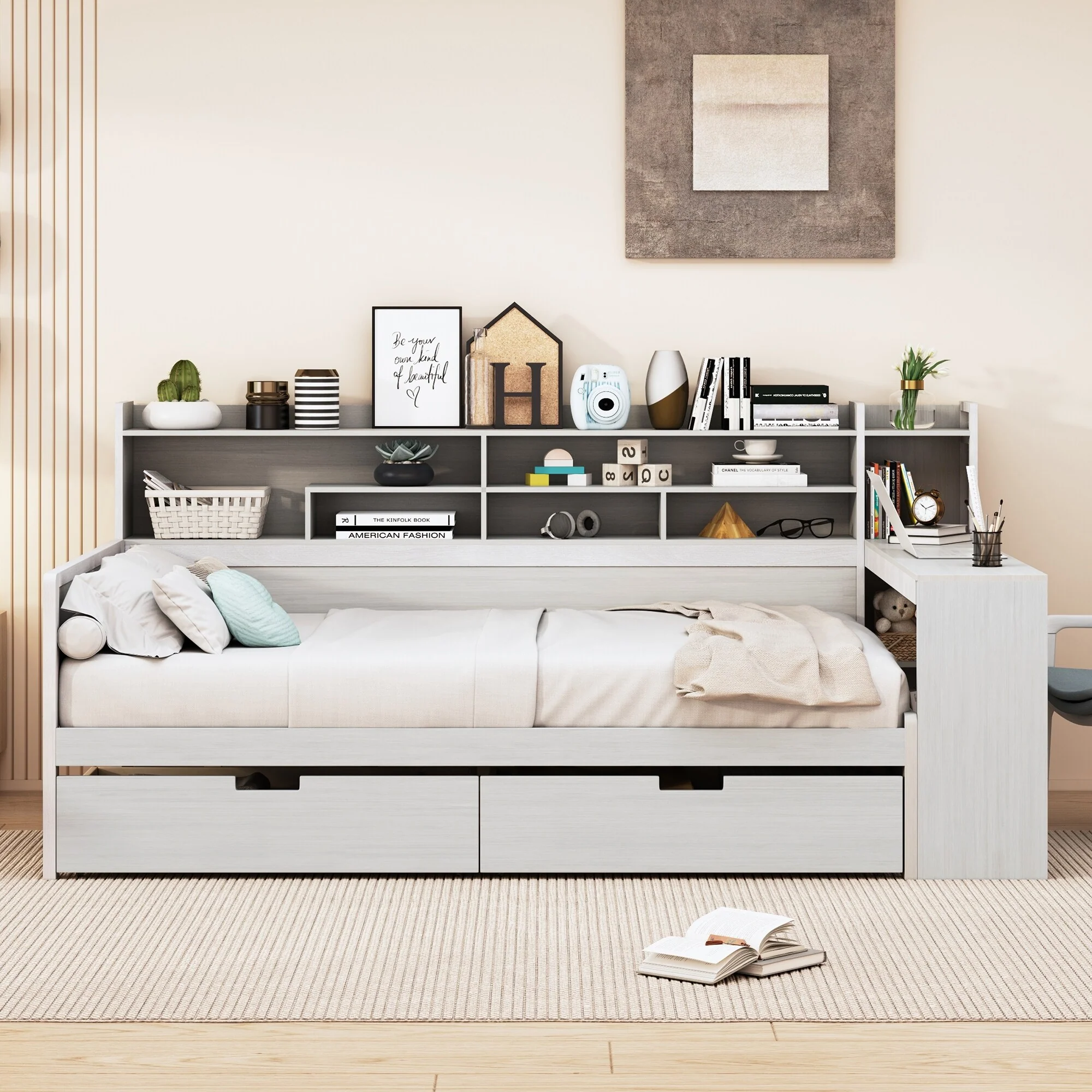 Multi-functional Wooden Full Size Daybed with Storage Shelves, Drawers, and Study Desk