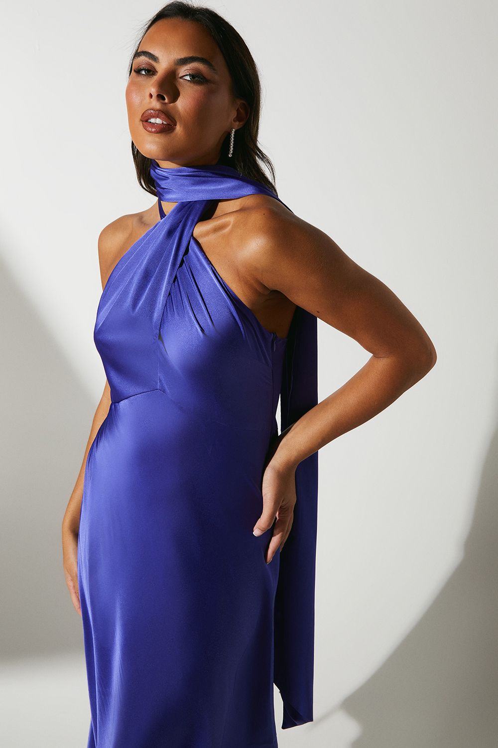 Coast Cross Front Tie Neck Satin Midi Wedding Guest Dress