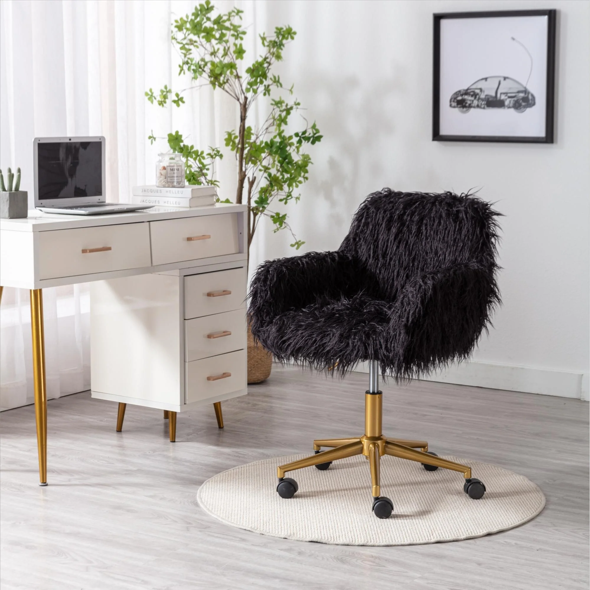 Fluffy Desk Chair, Adjustable Swivel Home Office Desk Chair, Faux Fur Armchair with Wheels, Vanity Chair with Gold Plating Base