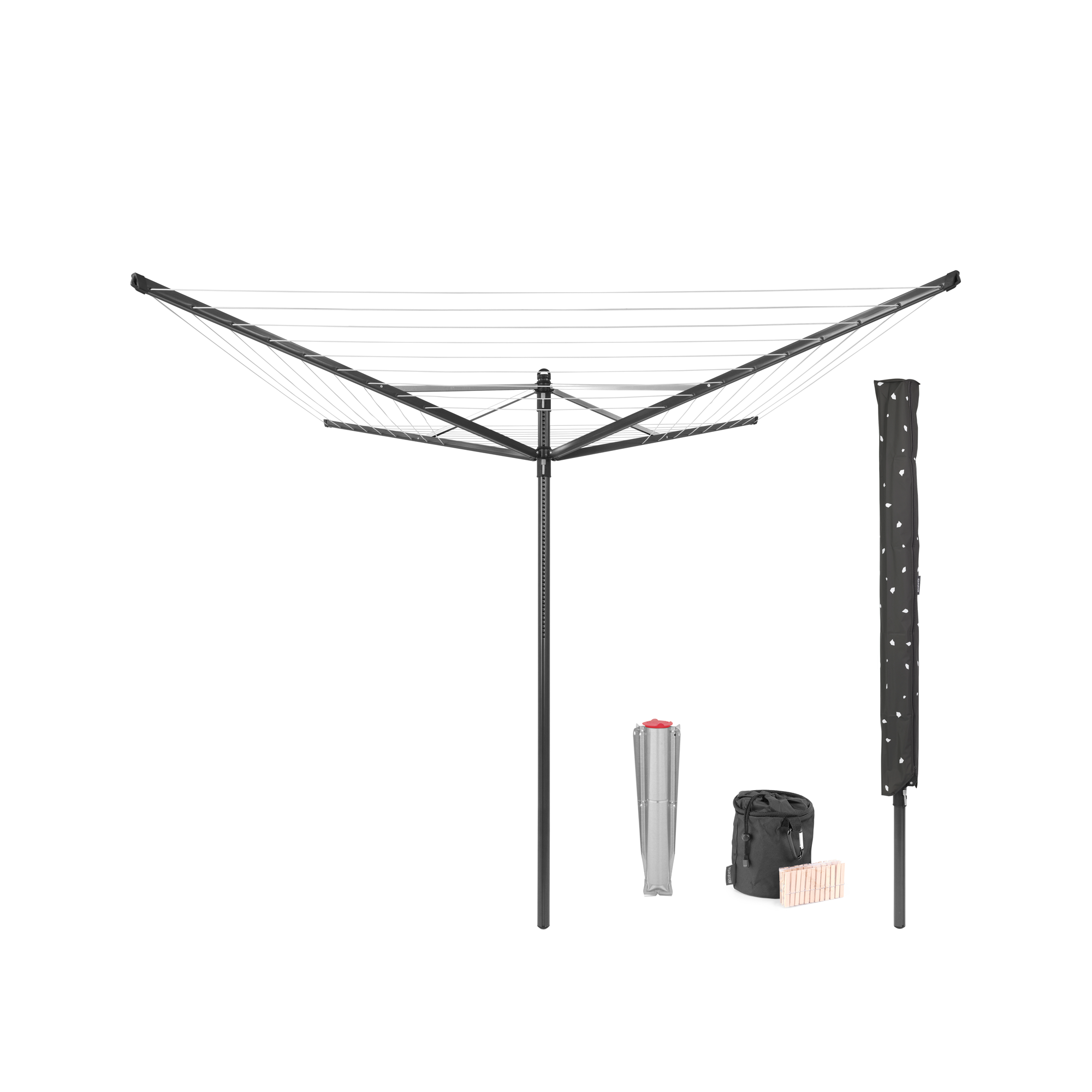 Brabantia Droogmolen Lift-O-Matic, 50 meter met metalen grondanker, doorsnede 45 mm, beschermhoes, wasknijpertasje en wasknijpers - Anthracite