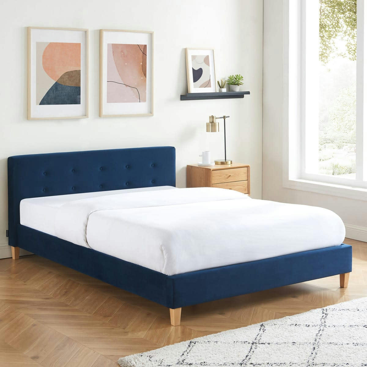 MILO - Lit adulte 140x190 avec tête de lit capitonnée en velours bleu foncé