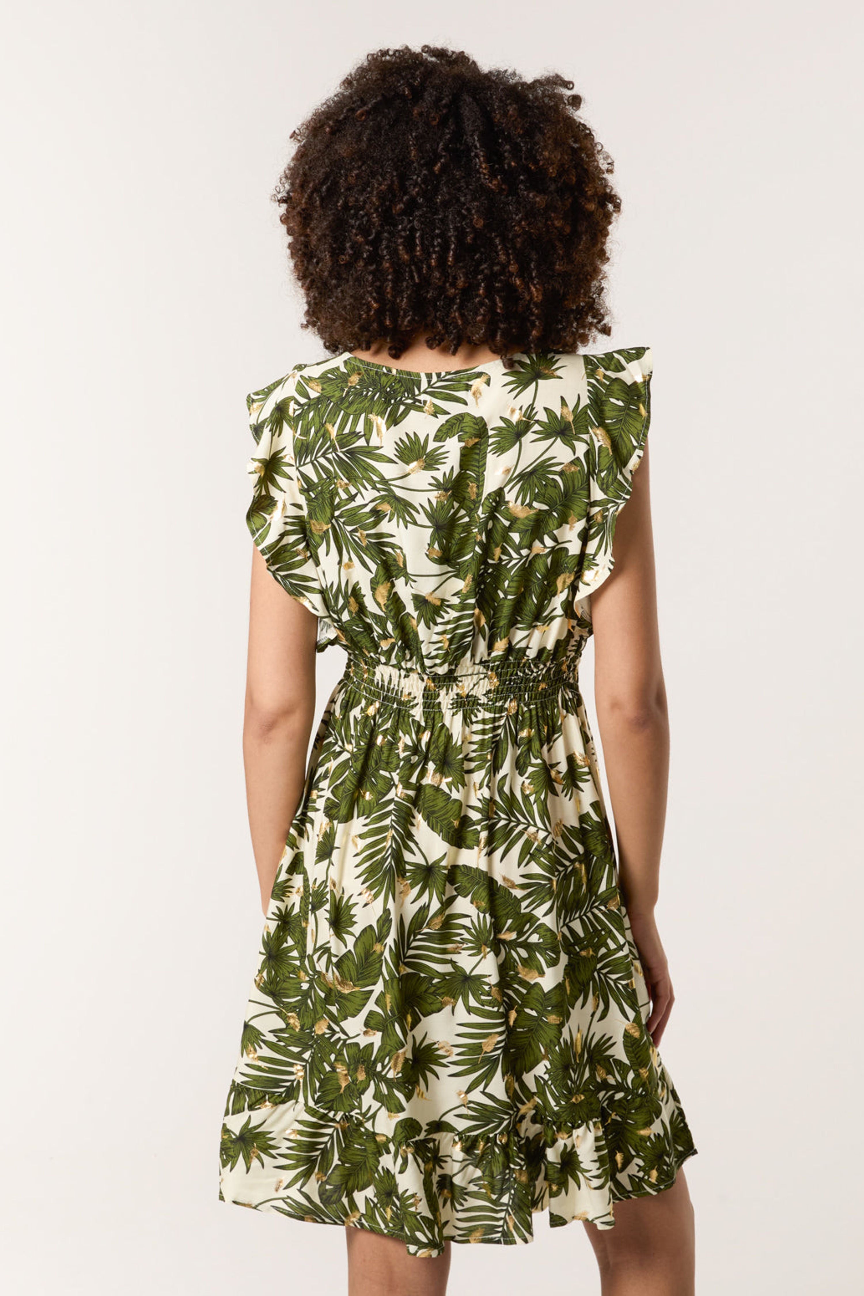 Blue Vanilla Khaki Tropical Dress With Palm Leaf Print