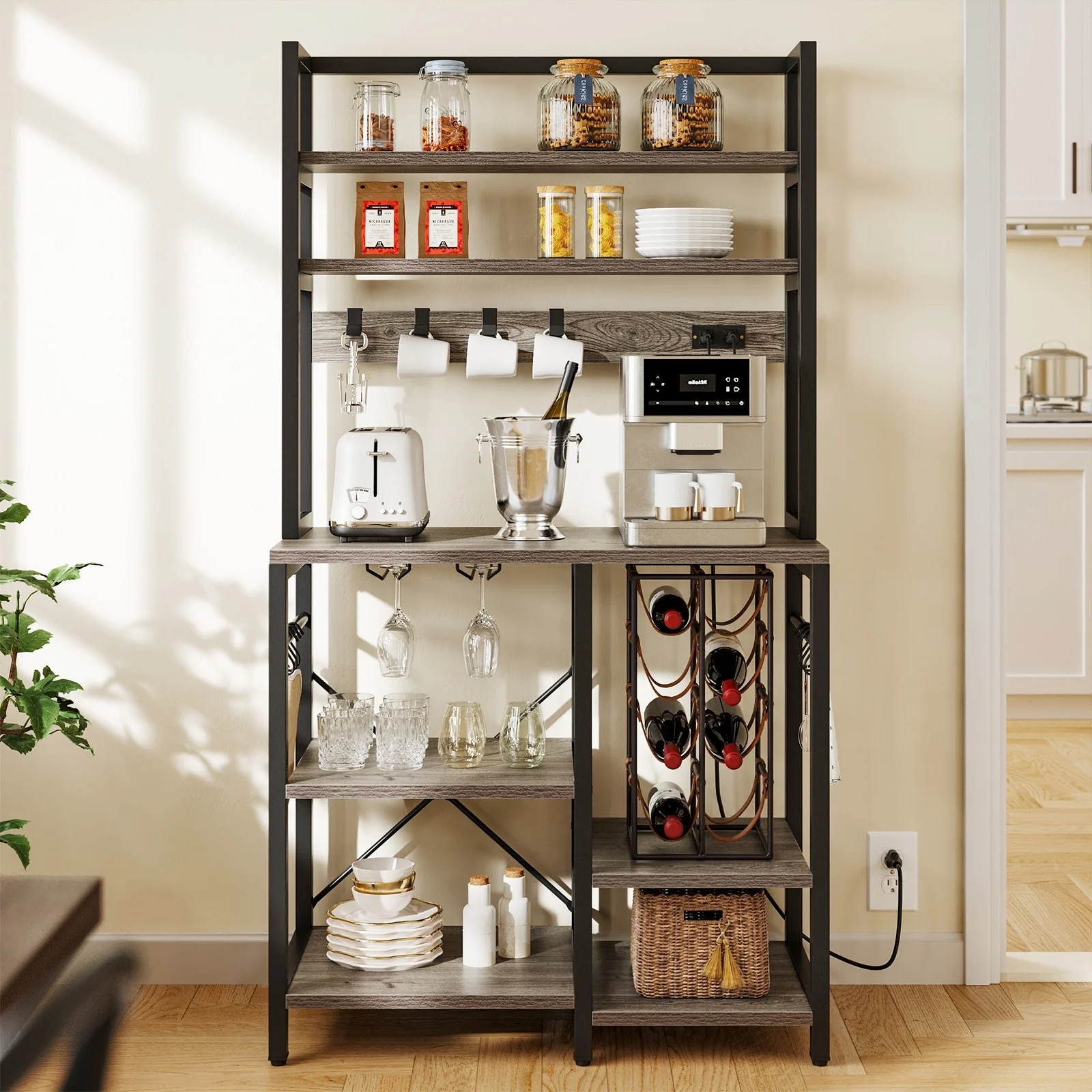 6-Tier Bakers Rack with Power Outlets Coffee Bar Station with Wine Glass Holder and Microwave Oven Stand