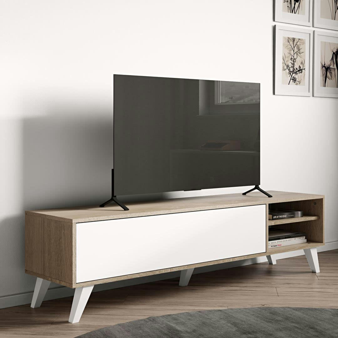 PRISM - Meuble TV effet bois chêne naturel et blanc