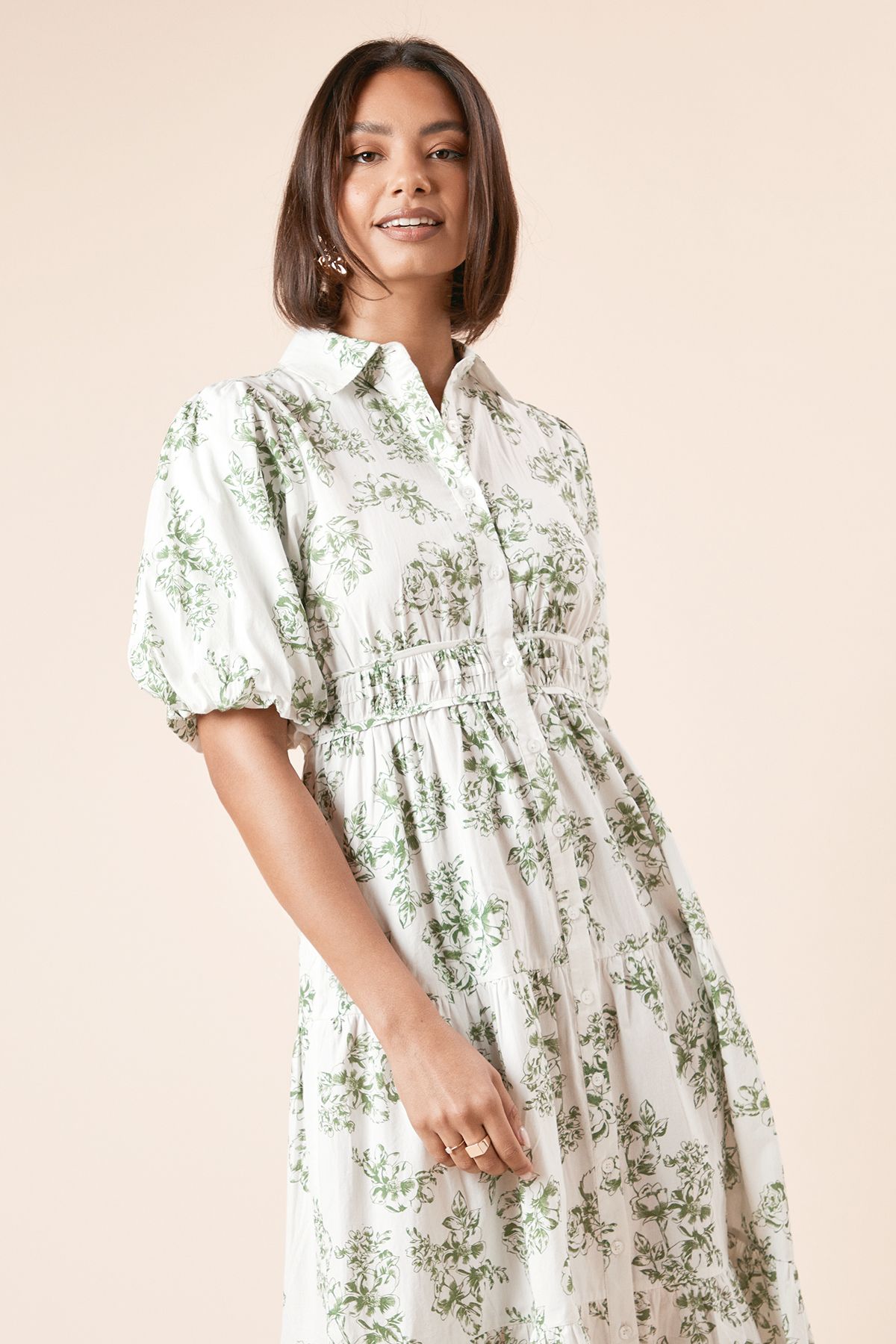 Dorothy Perkins Green Floral Poplin Tiered Button Front Shirt Dress