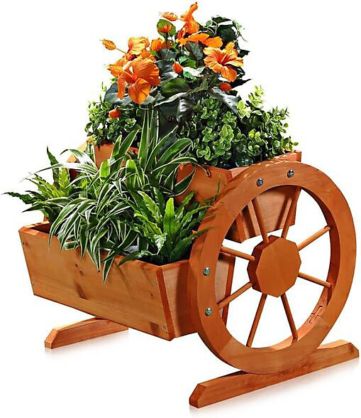 Décoration de jardin en bois pour pot de fleurs avec wagenräder