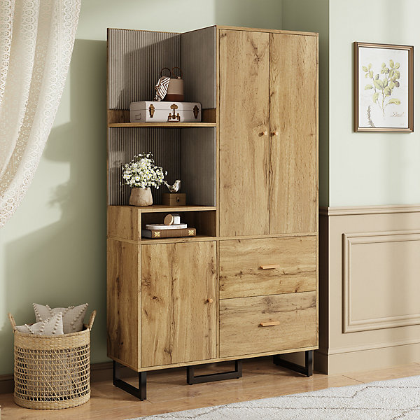 Meuble d'entrée 110 cm avec penderie, étagères et tiroirs, panneaux rembourrés, noir et bois naturel