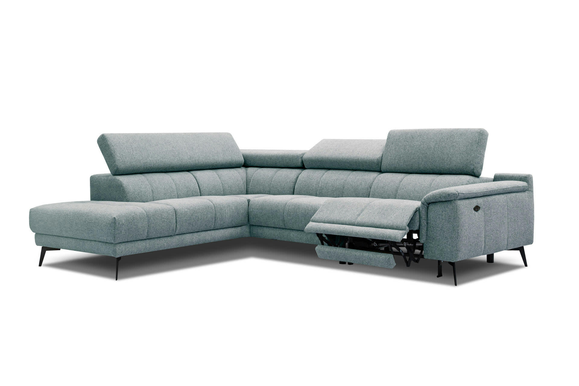 FIERO - Canapé d'angle gauche 5 places relax électrique tissu bleu clair