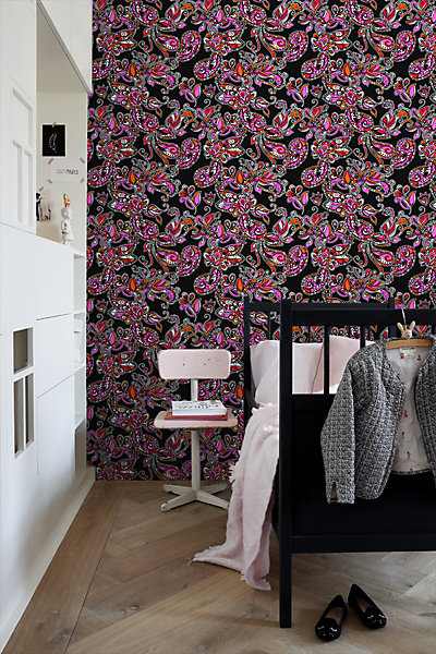 ESTAhome papier peint fleurs et paisleys noir et rouge 53 cm x 10.05 m