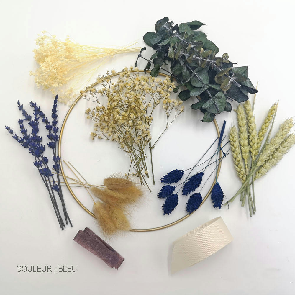 - Kit DIY Couronne murale de fleurs séchées bleu