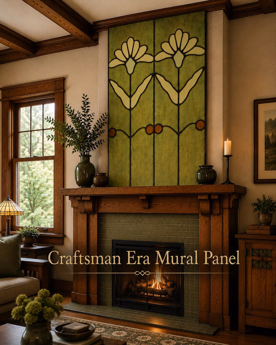 Craftsman Mural | Arts & Crafts Era Fireplace Panel | Bedroom Decor | Removable Wall Mural | Prairie School Botanical