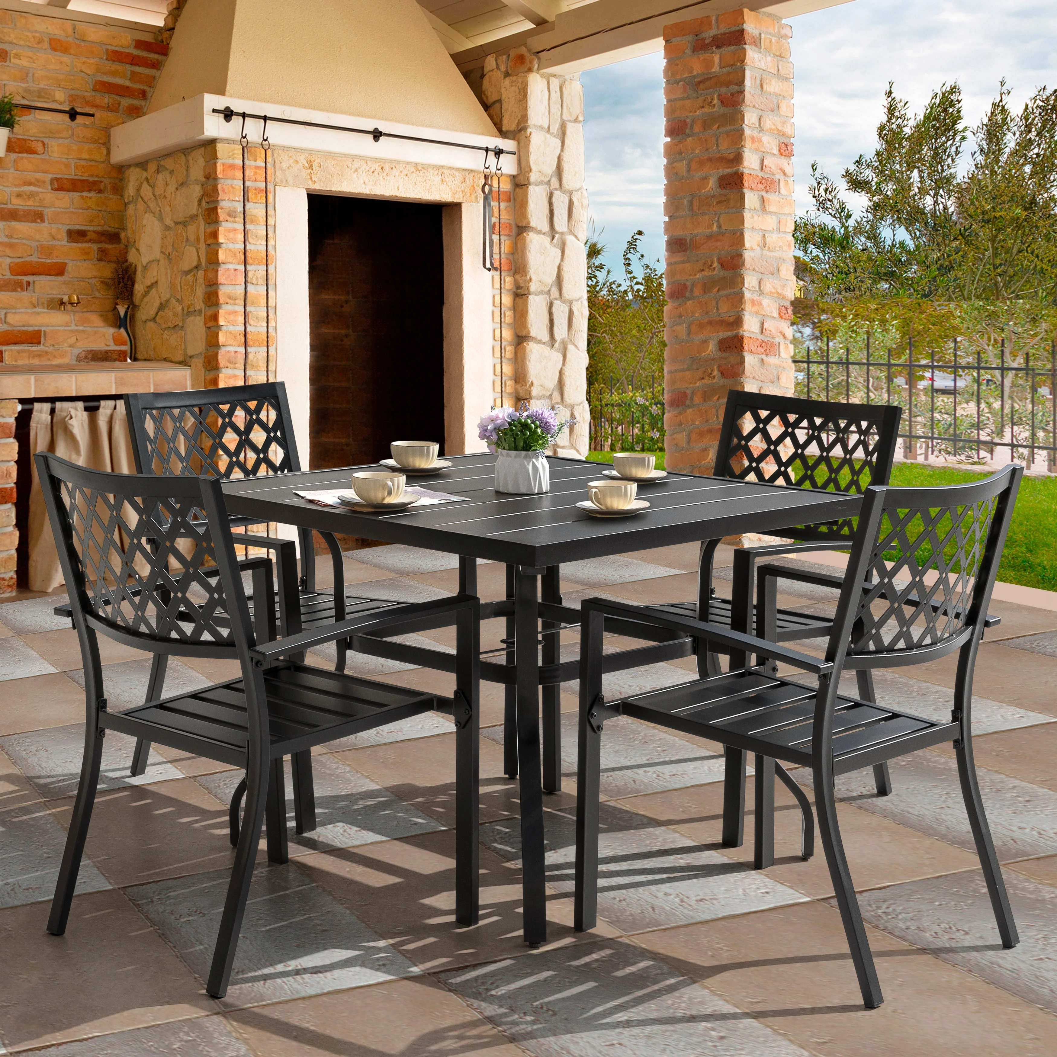 Outdoor Dining Set, Iron Finish, Black with Gold Speckles