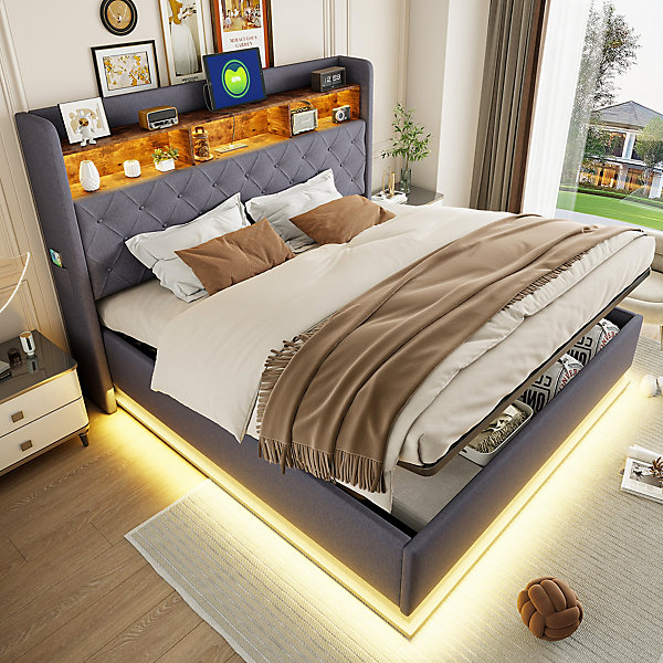 Lit 180x200 cm avec éclairage LED multicolore et rangement hydraulique, tapissé tissu lin gris, cadre métal