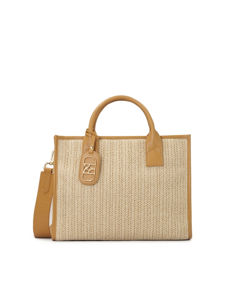 Braided beige handbag with leather elements