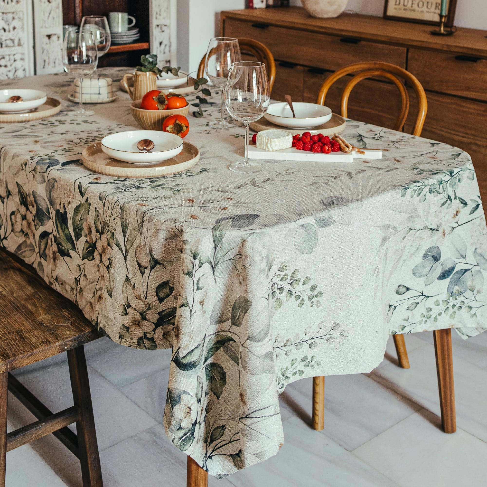 MAILEN GREEN - Nappe en lin antitâche imprimée floral 140x200 cm