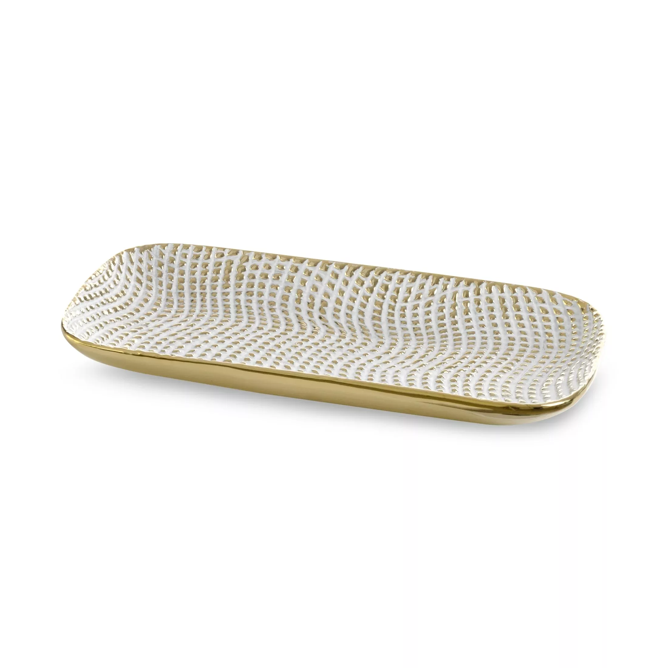 Patera ceramiczna dekoracyjna biało-złota o prostokątnym kształcie z drobnym wytłaczanym wzorem 30x16x3 cm VERDA