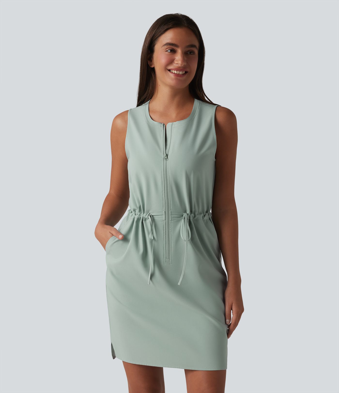 Robe sport mini de randonnée col rond sans manches demi-zip avec cordon de serrage et poches