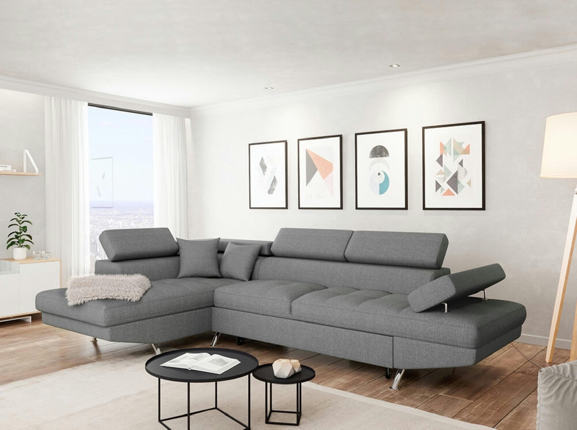 RIO - Canapé angle gauche convertible avec coffre en tissu - Gris clair